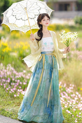Ensemble complet de robe Hanfu de style chinois doux pour femmes avec manches longues multicolores, taille haute, imprimé et broderie